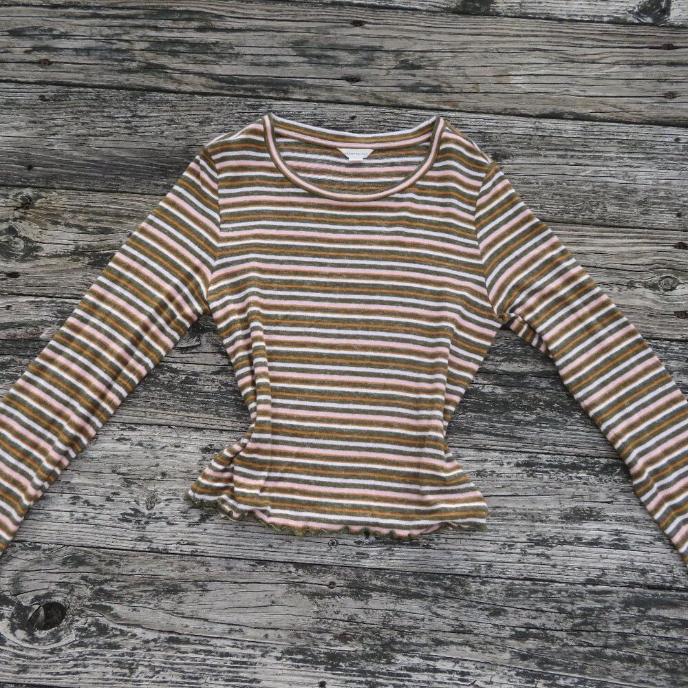 Aeropostale Cropped Green Stripe Long-Sleeved Lettuce Edge Tee Size Large